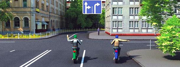 Такой сигнал рукой, подаваемый водителем мотоцикла, который движется по левой полосе, информирует о его намерении:
