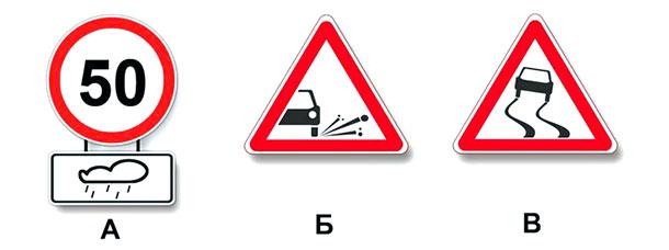 Какие из указанных знаков распространяют свое действие только на период времени, когда покрытие проезжей части влажное?